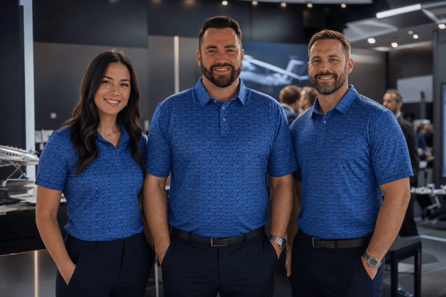Corporate team in matching custom-branded performance polos
