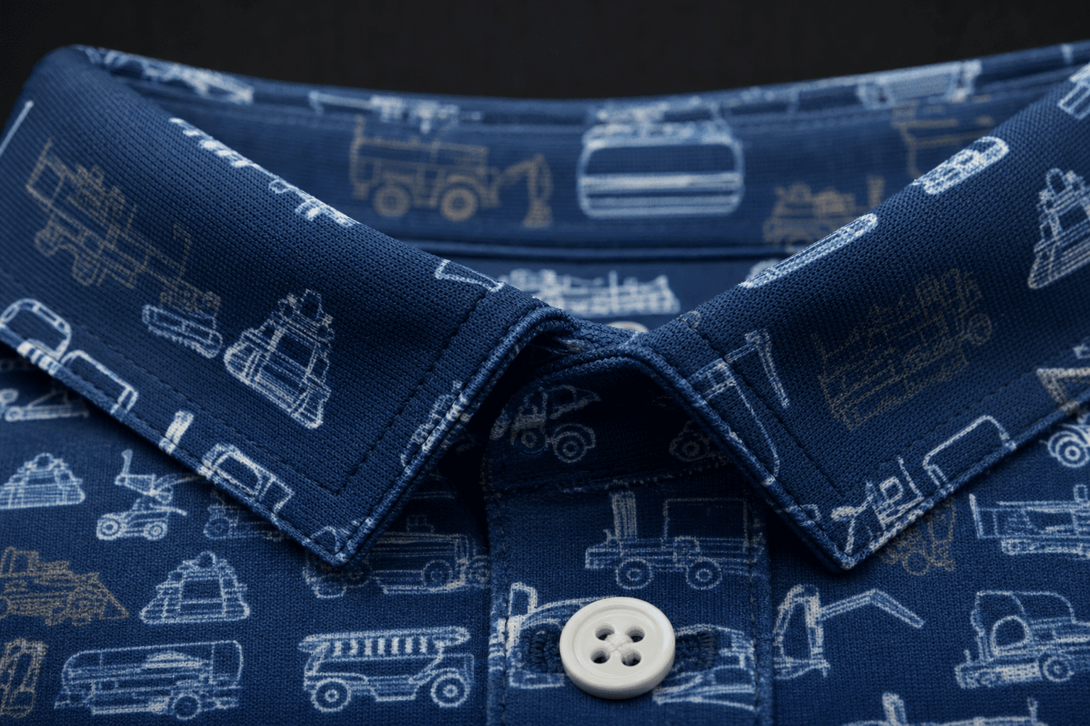 Macro detail of all-over dye-sublimation print across a collar and placket