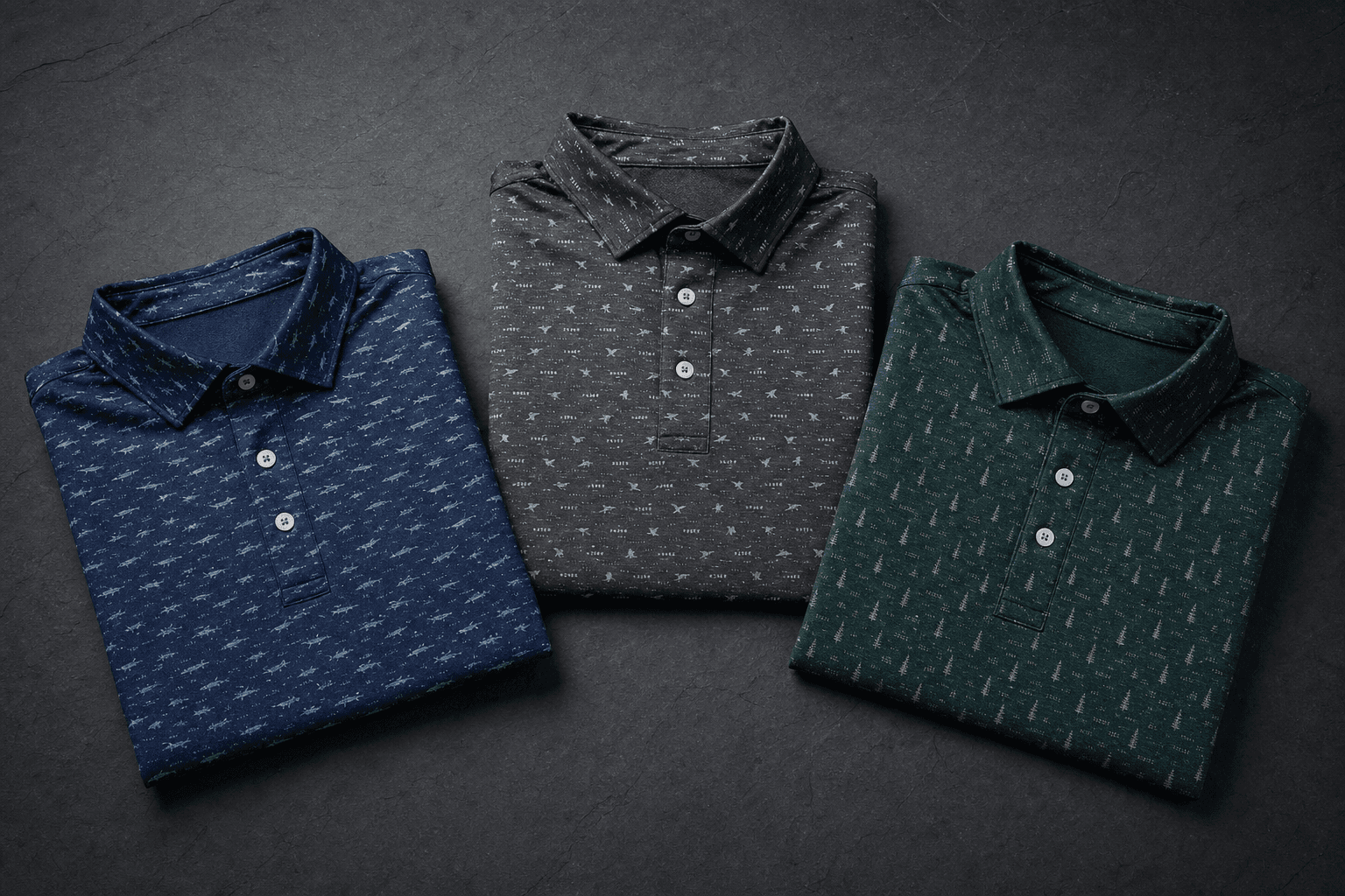 Trio of folded custom polos arranged head to head