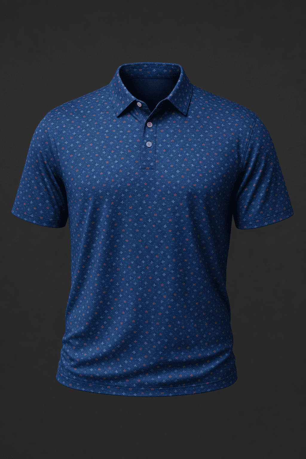 Navy all-over-print performance polo on a dark studio backdrop