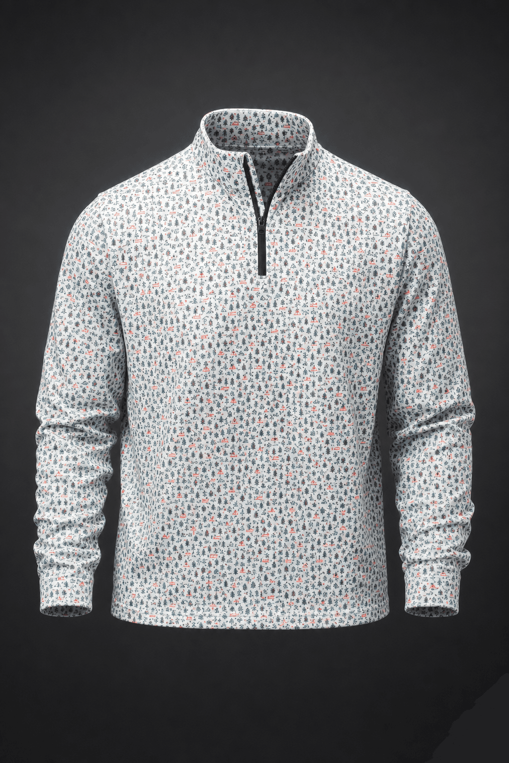 White quarter-zip with micro line-art dye-sublimation print